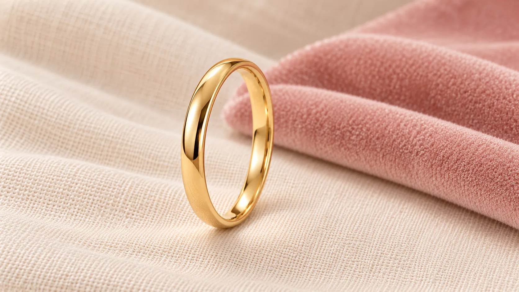 Gold ring on blush fabric
