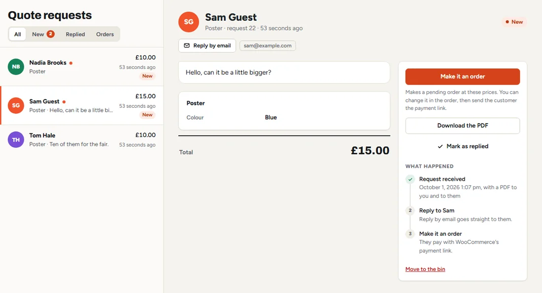 The real ConfigKit quote inbox showing a separate poster example, with Make it an order and Download the PDF
