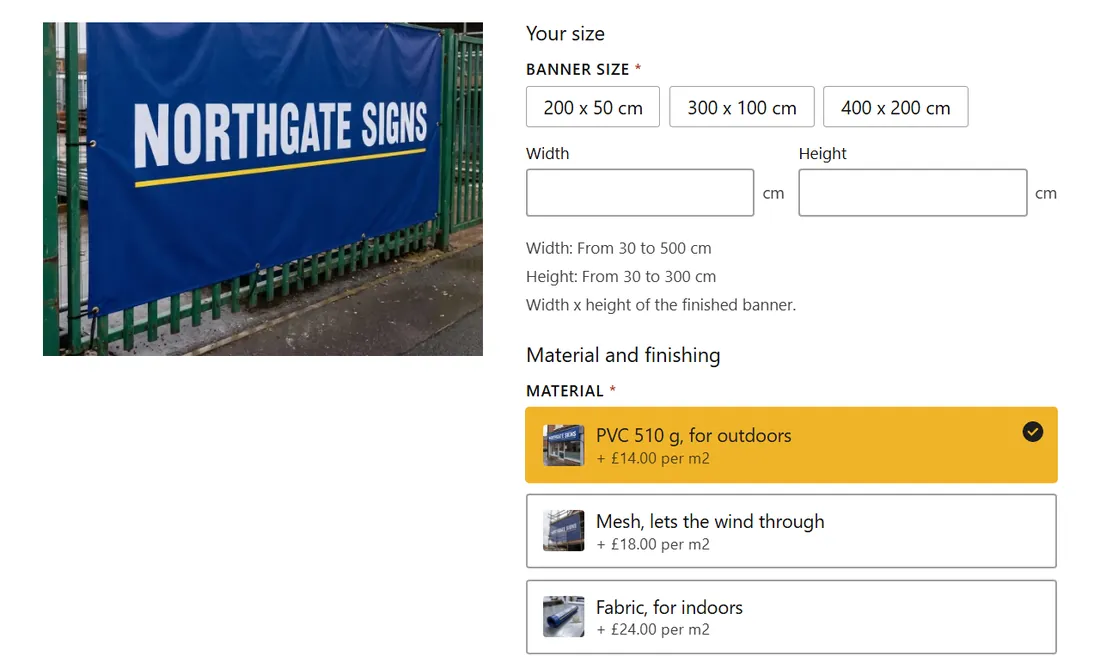 The banner configurator on a product page, One page layout, Bold look, on a computer