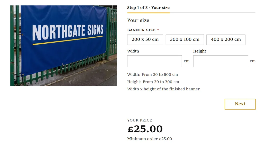The banner configurator on a product page, Steps layout, Boutique look, on a computer