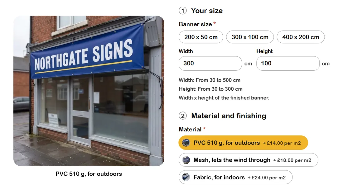 The banner configurator on a product page, Picture beside layout, Friendly look, on a computer