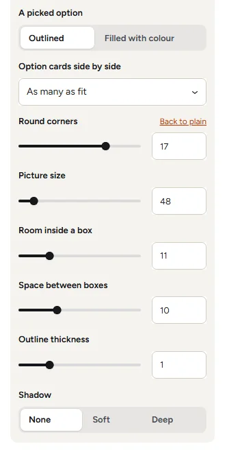 ConfigKit's	Style panel: a picked option outlined or filled, option cards side by side, round corners, picture size, room inside a box, space between boxes, outline thickness and shadow