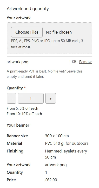 The Custom banner configurator on a product page in GeneratePress: the file box, the quantity breaks and the summary