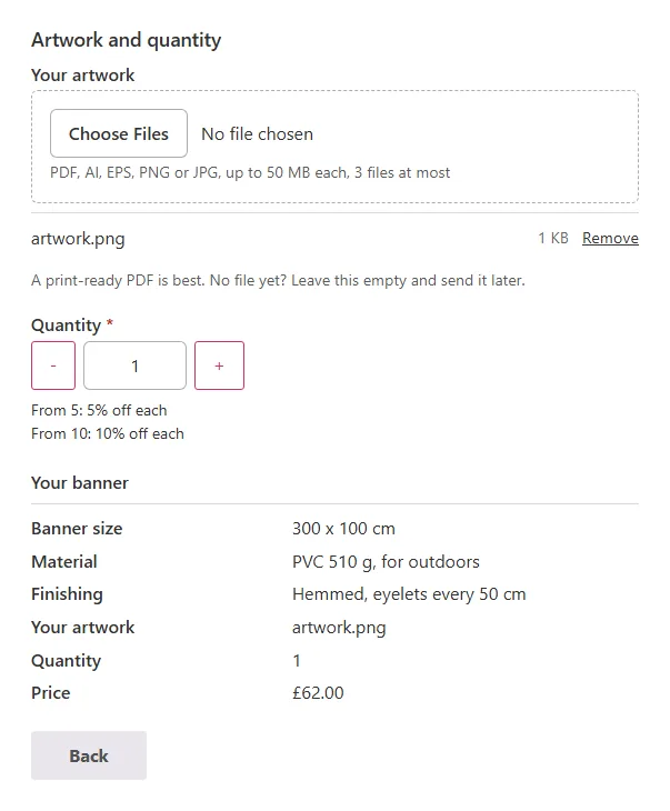 The Custom banner configurator on a product page in Hello Elementor: the file box, the quantity breaks and the summary