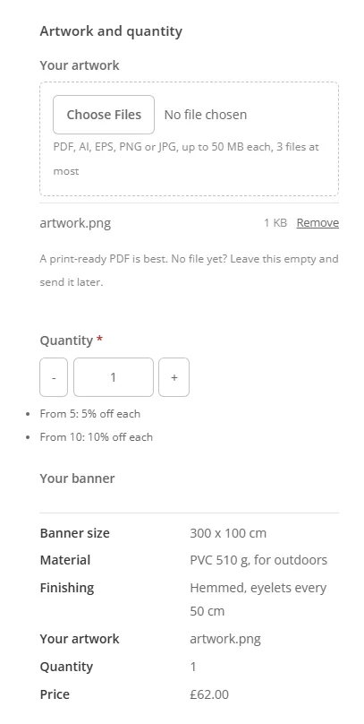 The Custom banner configurator on a product page in Salient: the file box, the quantity breaks and the summary
