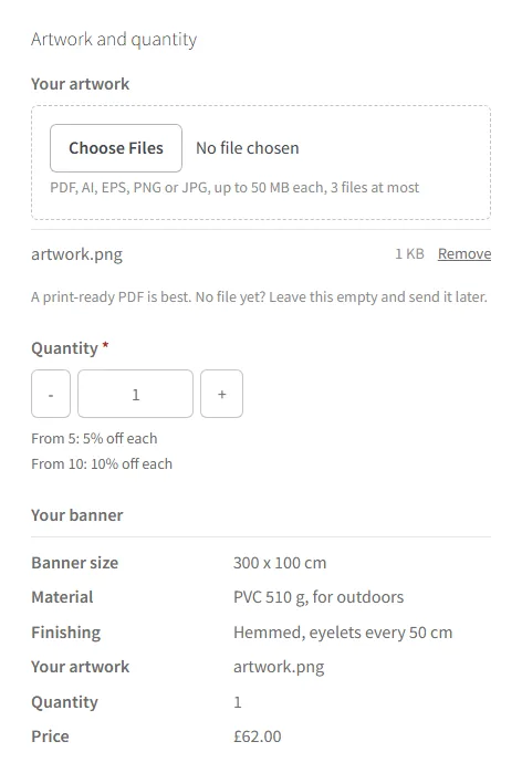 The Custom banner configurator on a product page in Storefront: the file box, the quantity breaks and the summary