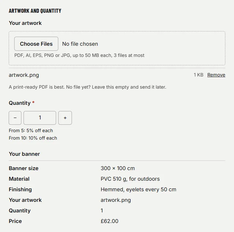 The Custom banner configurator on a product page in StoreWise: the file box, the quantity breaks and the summary