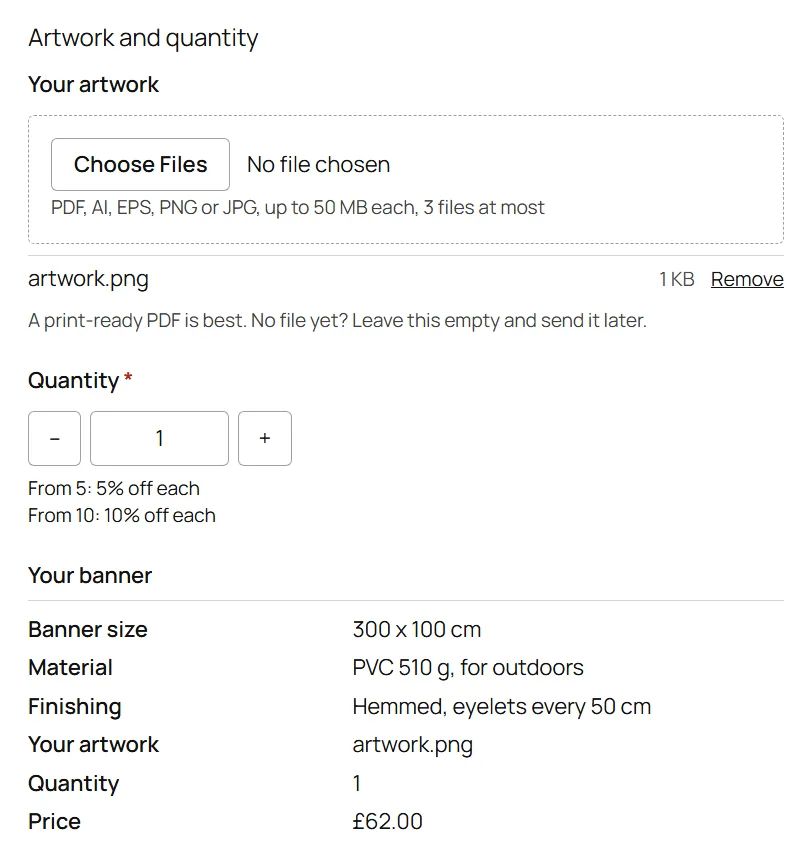 The Custom banner configurator on a product page in Twenty Twenty-Five: the file box, the quantity breaks and the summary