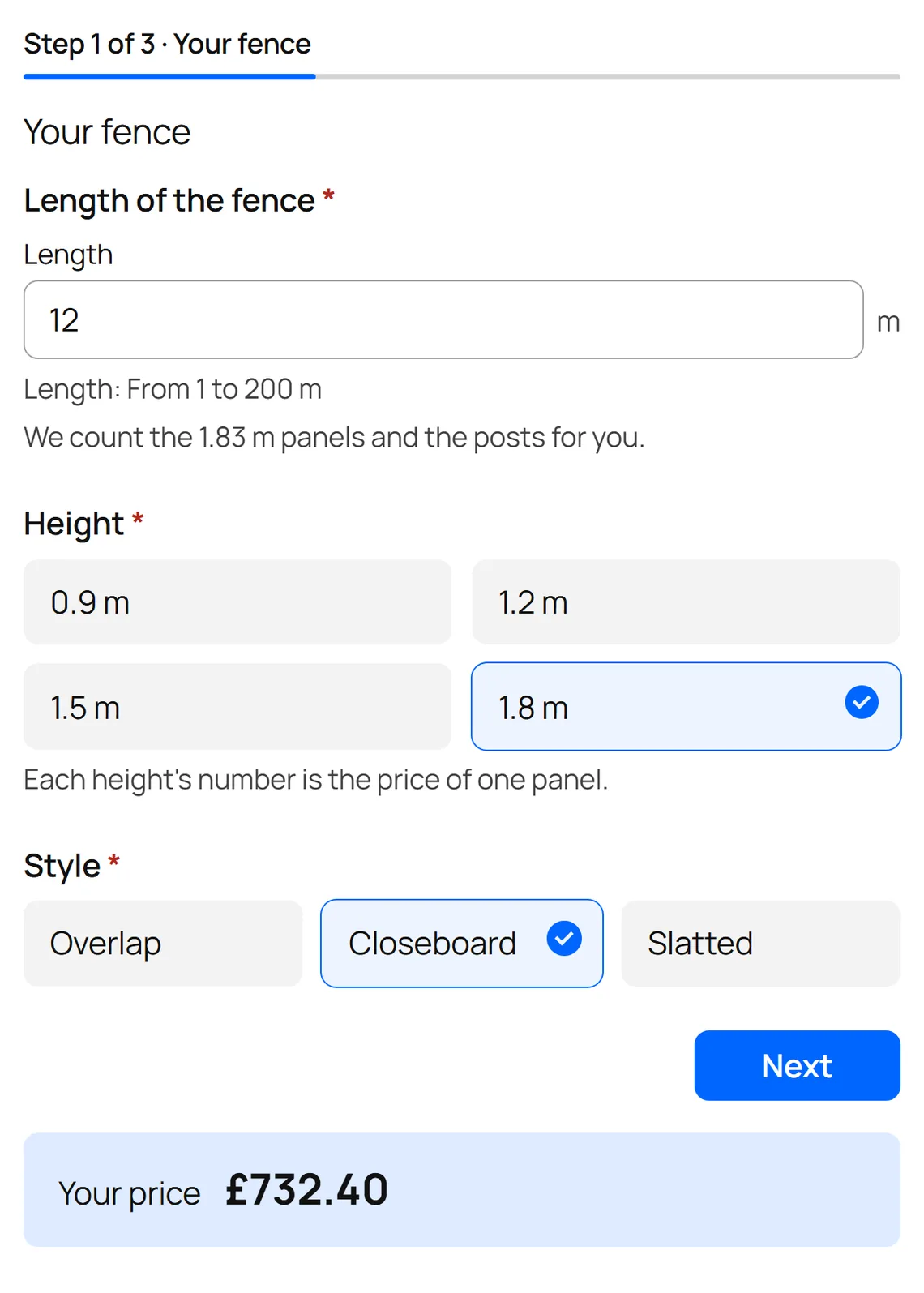 ConfigKit's Fence panels template on a shop page, filled in: 12 metres of closeboard fence, £732.40