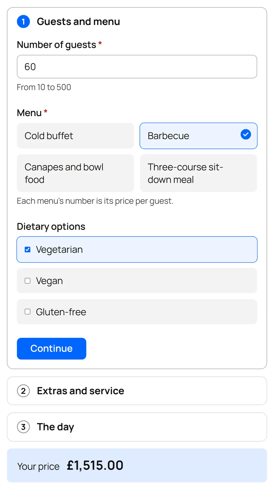 ConfigKit's Party catering template on a shop page, filled in: A barbecue for 60 guests, £1,515.00
