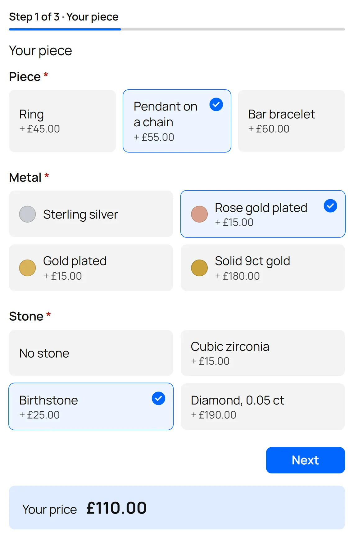 ConfigKit's Engraved ring or pendant template on a shop page, filled in: An engraved pendant, £110.00