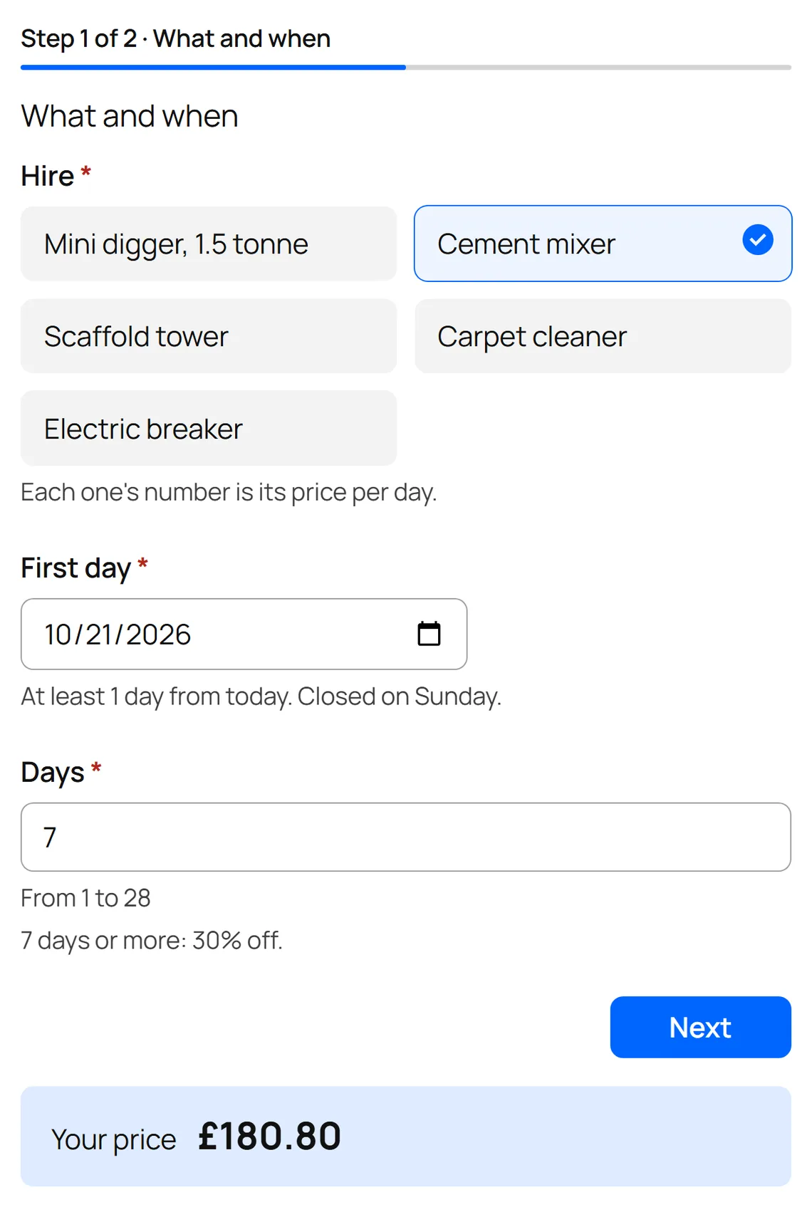 ConfigKit's Tool and equipment hire template on a shop page, filled in: A cement mixer for a week, £180.80