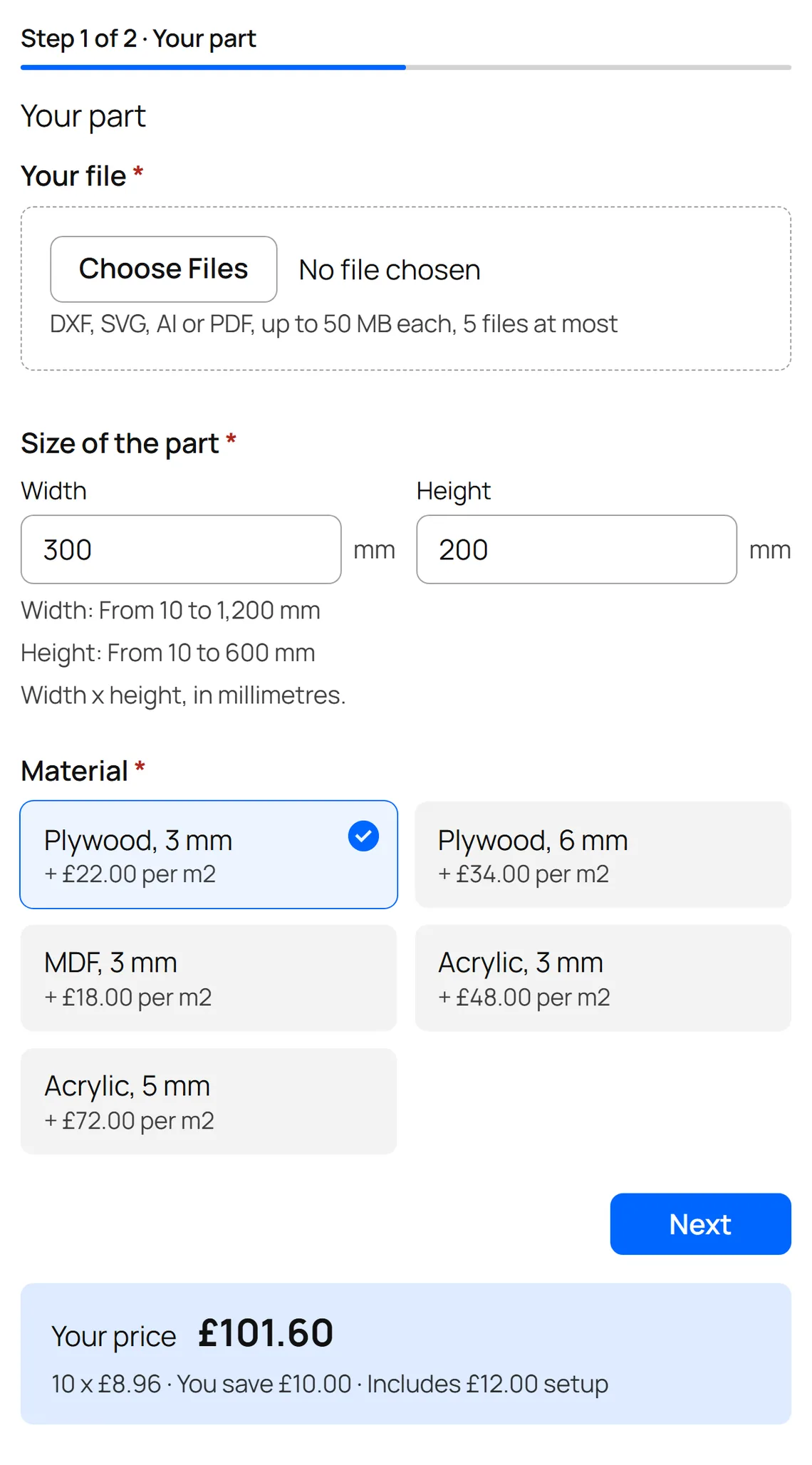 ConfigKit's Laser cutting template on a shop page, filled in: Ten parts cut from 3 mm plywood, £101.60