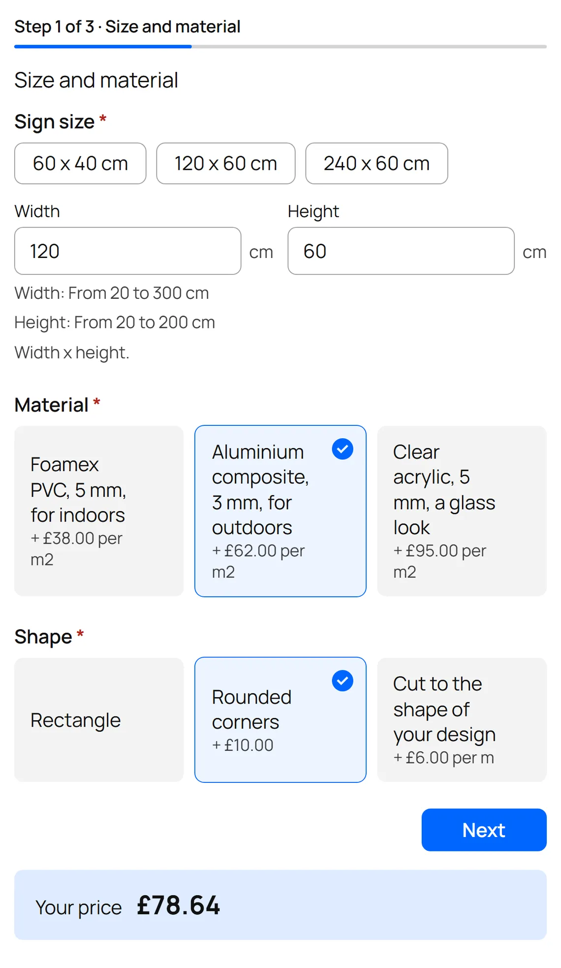 ConfigKit's Shop and office signs template on a shop page, filled in: A shop sign, 120 x 60 cm, £78.64