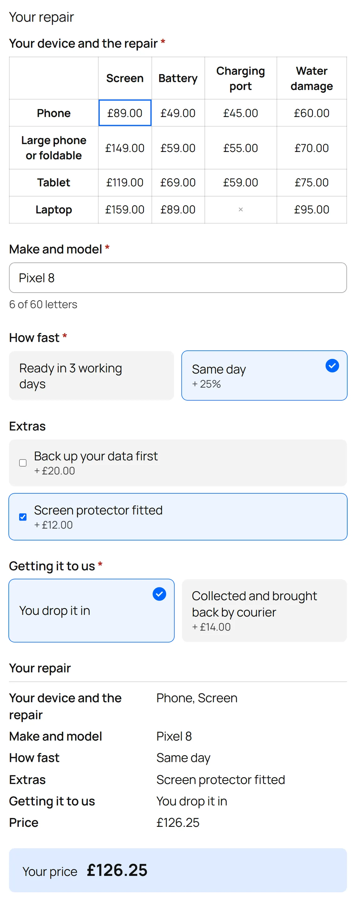 ConfigKit's Phone and laptop repair template on a shop page, filled in: A phone screen, fixed the same day, £126.25