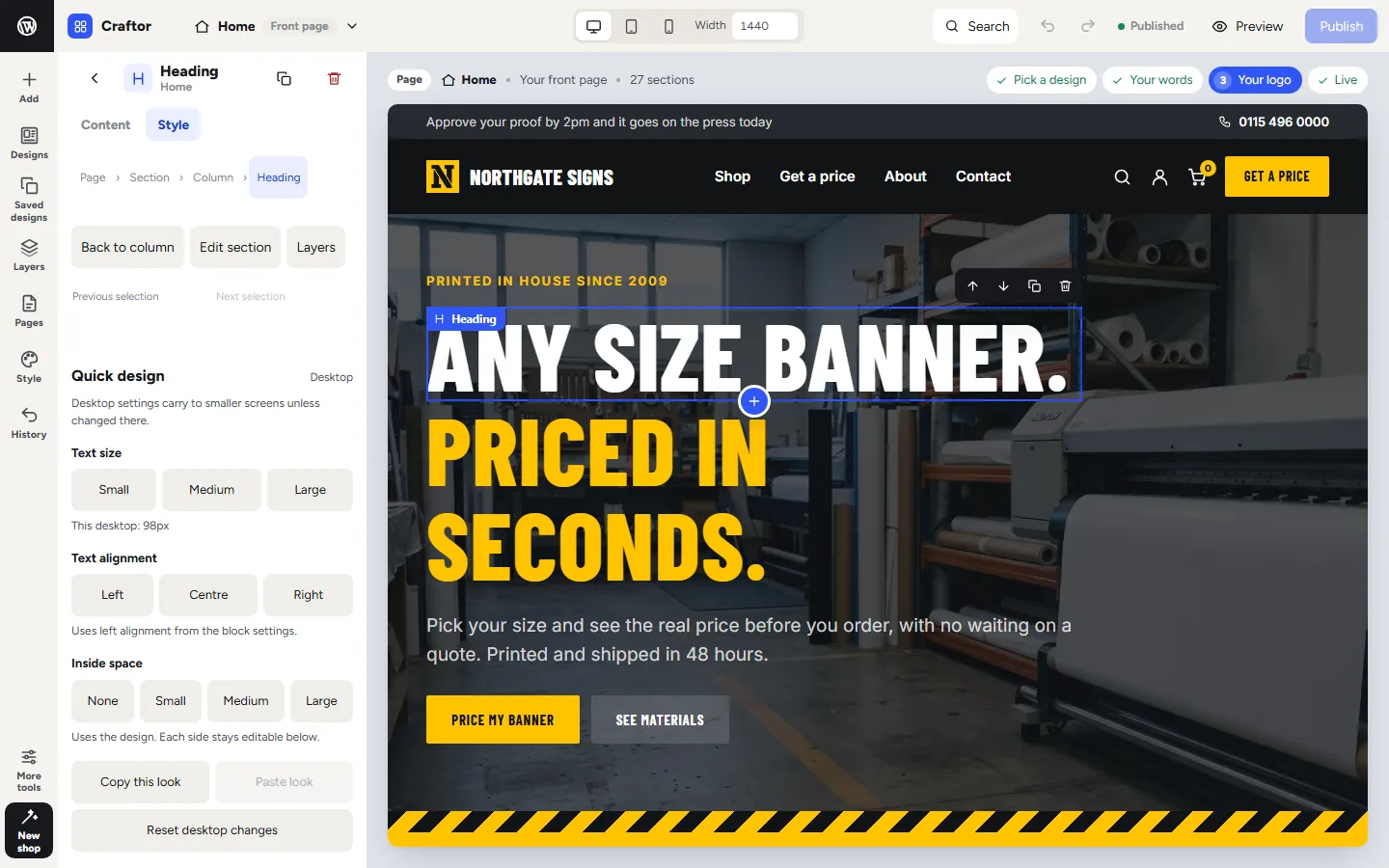 The Craftor editor on a sign shop's home page: the heading is picked, the panel shows where it sits and its Quick design, and the page shows the heading's own tools