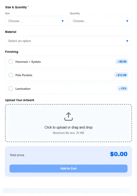 Priced off a size and quantity table