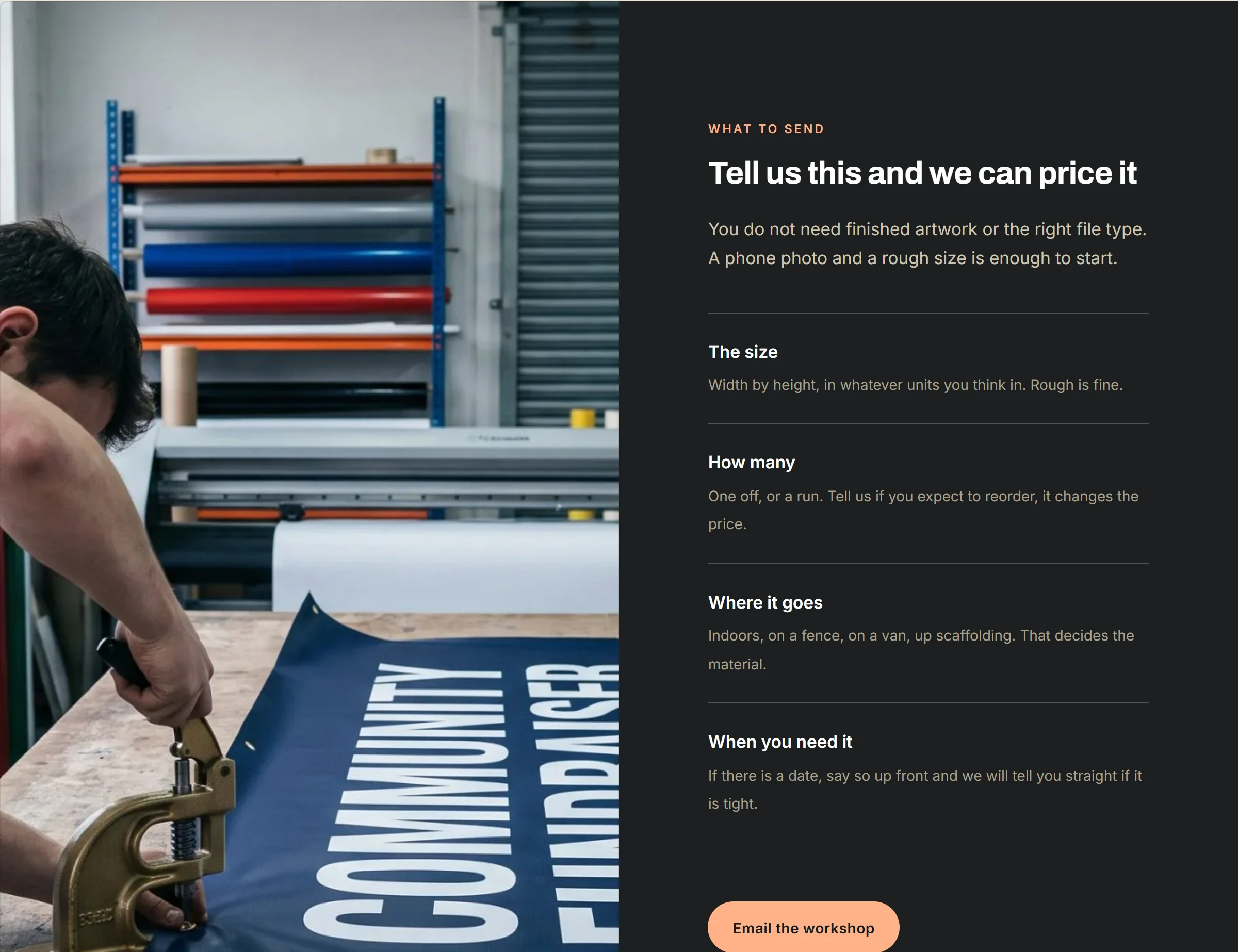 A StoreWise section asking what to send: the list on a dark panel, the workshop next to it