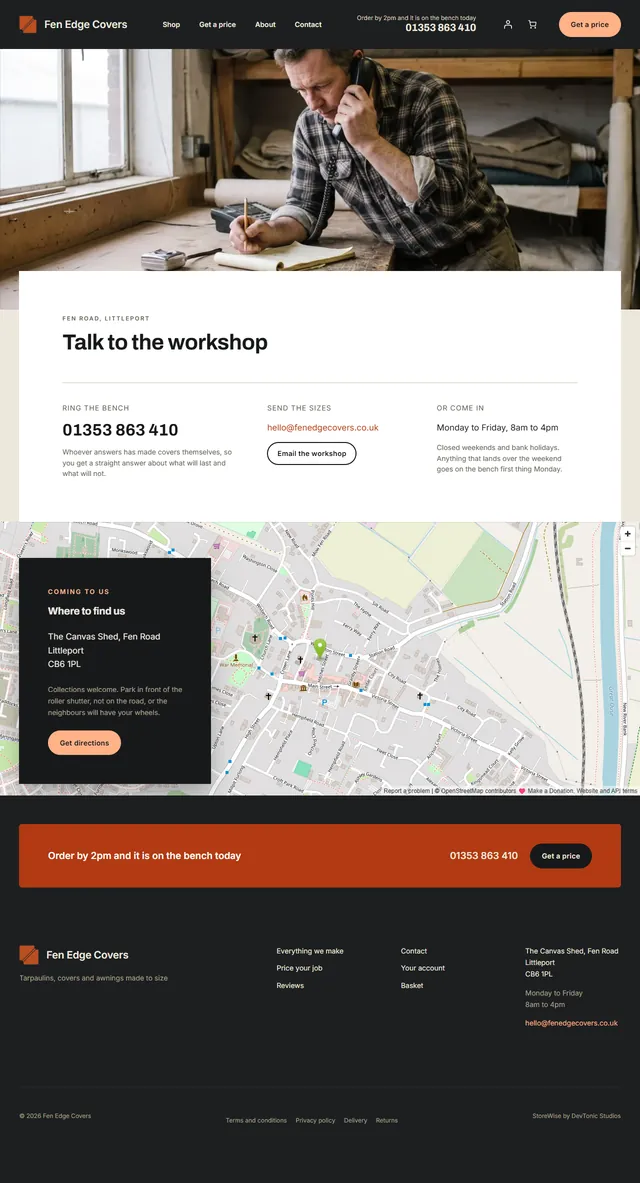 The whole contact page of a StoreWise shop, top to bottom