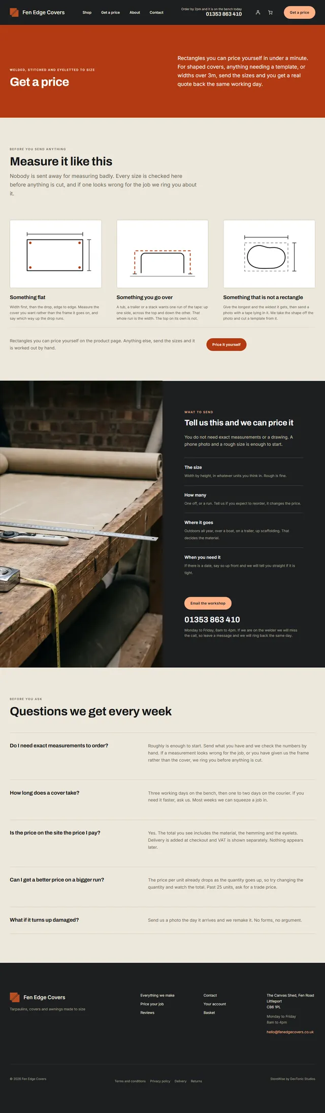 The whole get a price page of a StoreWise shop, top to bottom