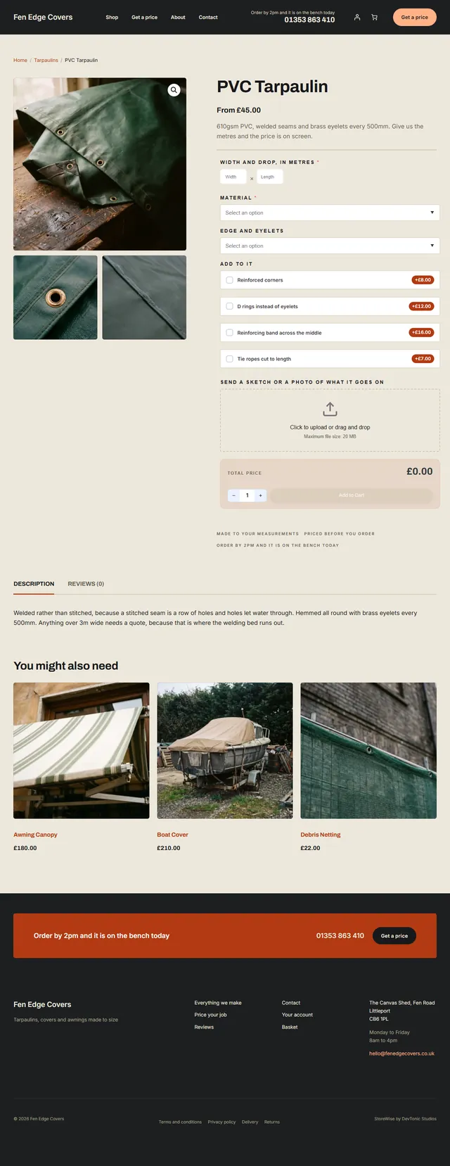 The whole product page of a StoreWise shop, top to bottom