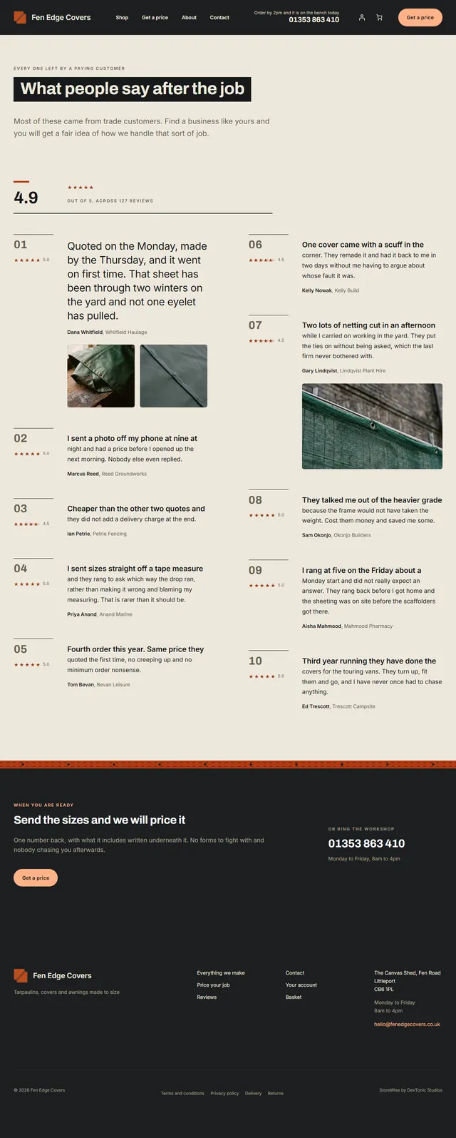 The whole reviews page of a StoreWise shop, top to bottom
