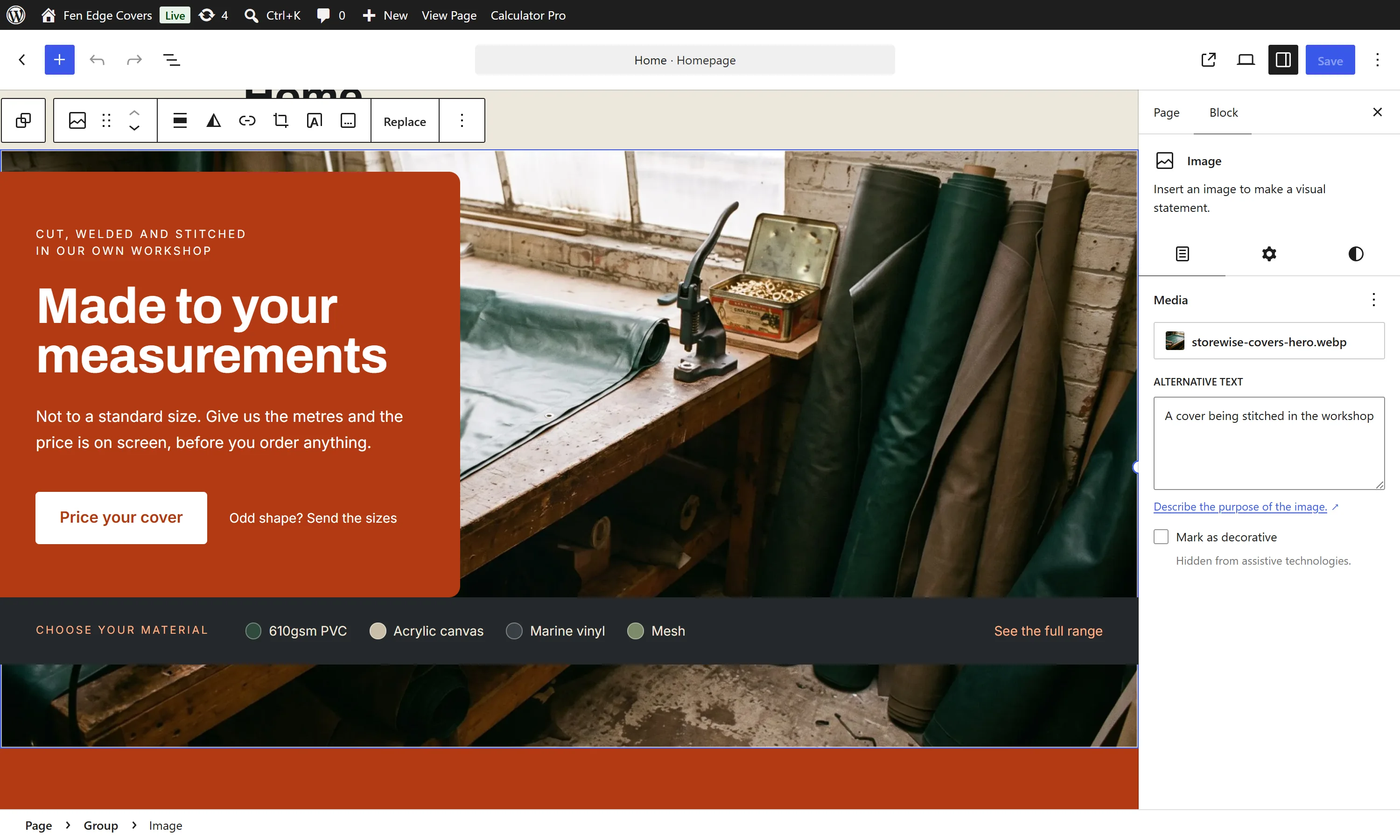 The demo shop's home page open in the WordPress editor, the hero photograph selected, with Replace in the block toolbar