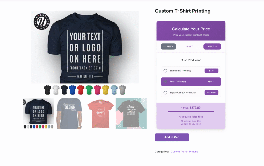 PriceWise calculator on a WooCommerce product page updating the price live as the buyer types the size