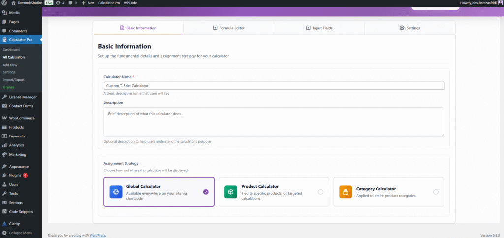 PriceWise Calculator Pro Basic Information tab with calculator name and assignment strategy