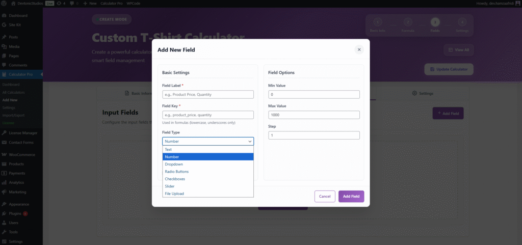 PriceWise Add Field editor showing Field Label, Field Key and Field Type