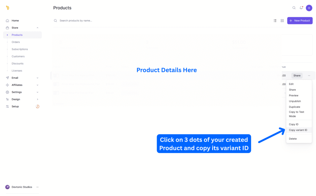 Lemon Squeezy dashboard Products page showing three-dot menu with Copy Variant ID option
