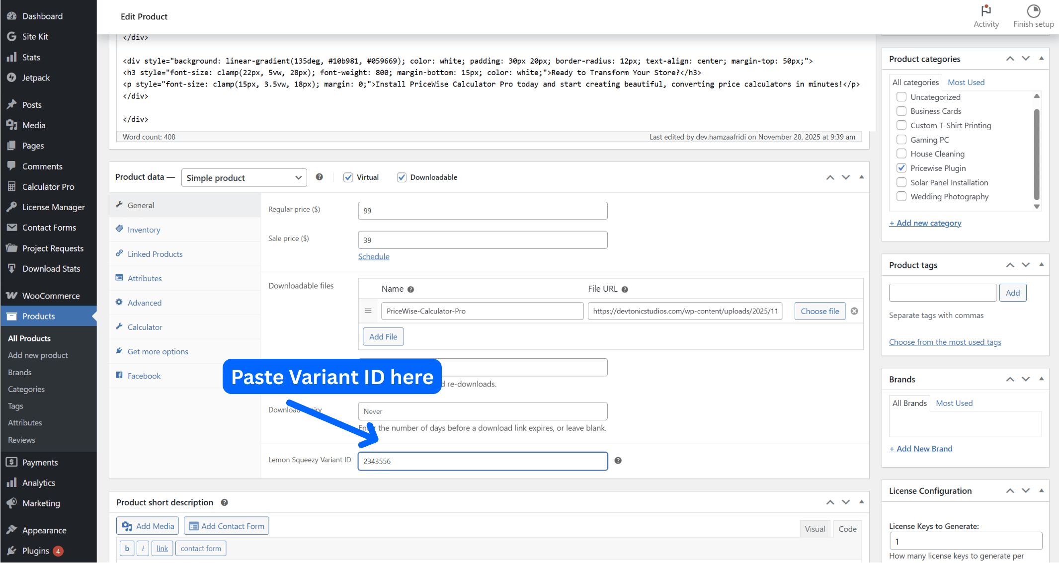 WooCommerce Product Edit - Lemon Squeezy Variant ID Field