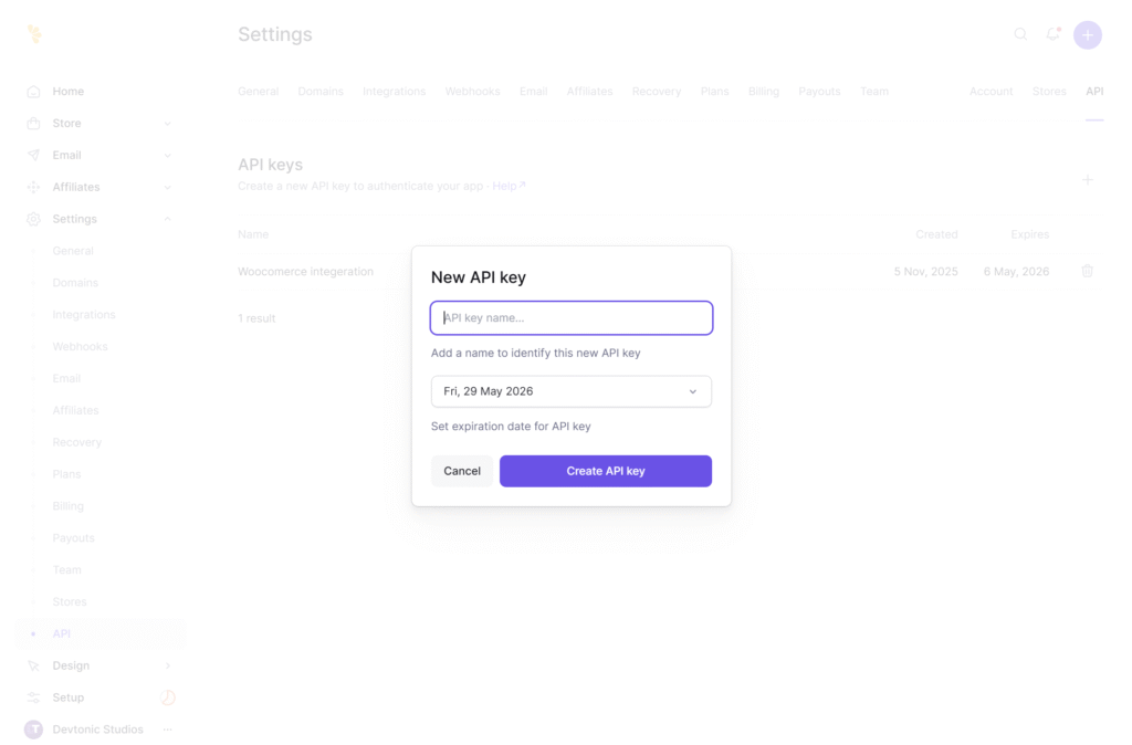 Lemon Squeezy WordPress plugin setup: API key creation in dashboard