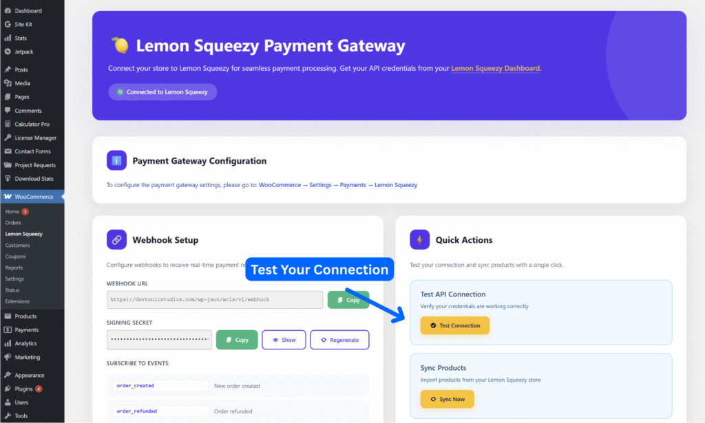 Lemon Squeezy plugin Test Connection button showing successful API connection result