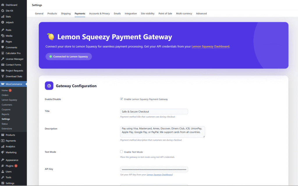 WooCommerce Settings Payments tab showing Lemon Squeezy payment gateway configuration form