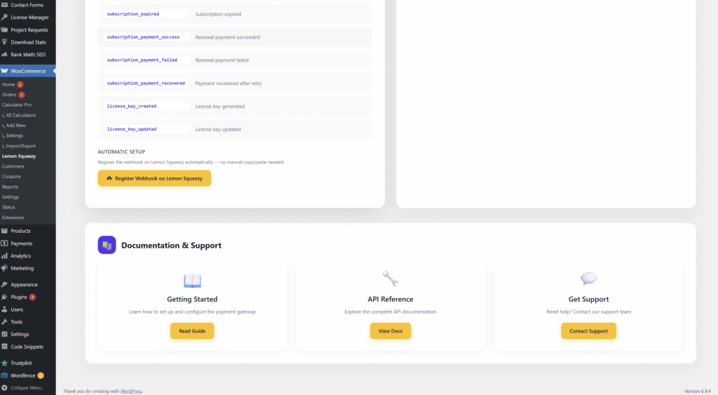 Lemon Squeezy plugin Quick Actions panel showing Register Webhook on Lemon Squeezy automatic setup button