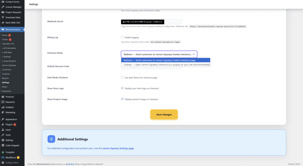 Lemon Squeezy plugin checkout mode dropdown showing Overlay and Redirect options