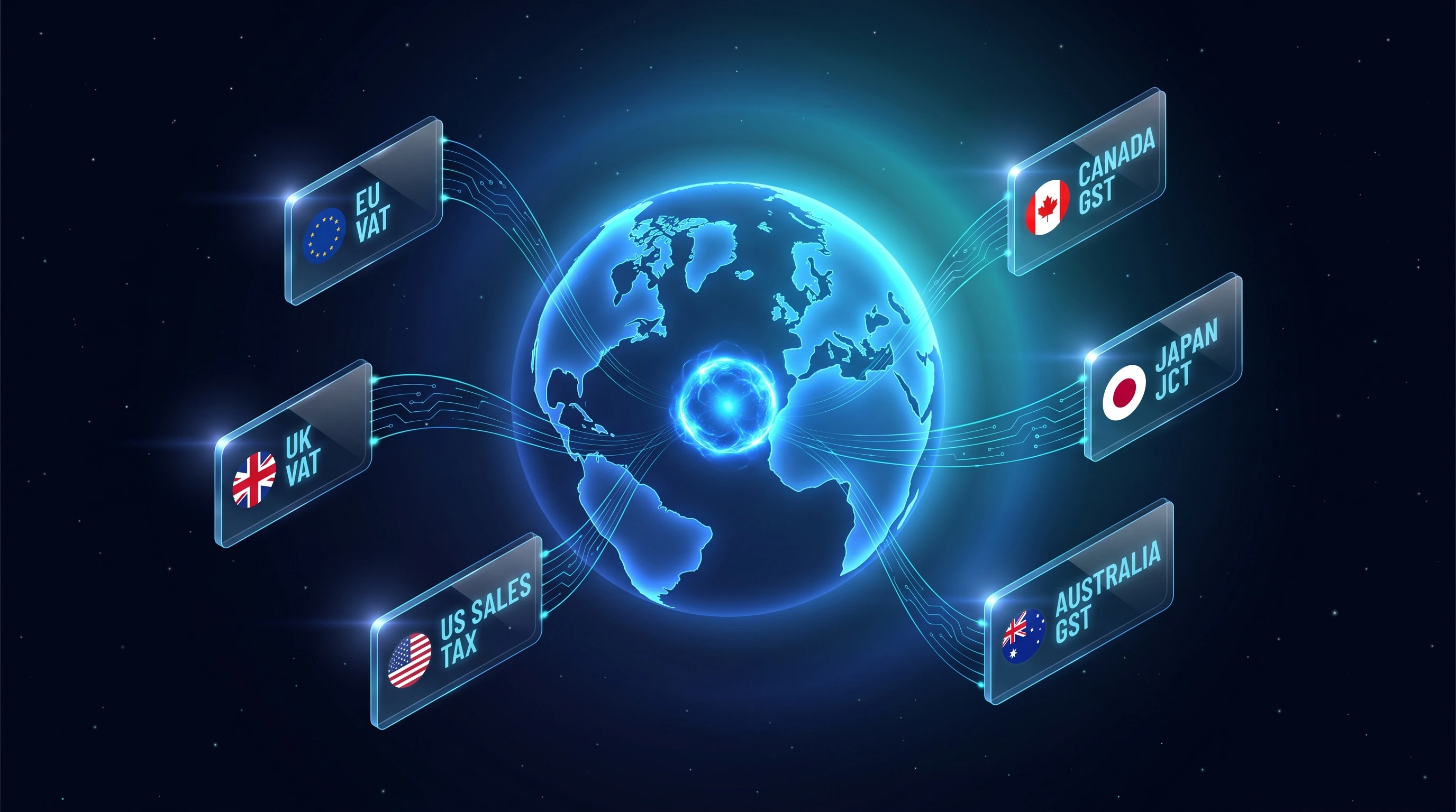 Global tax complexity for WordPress digital product sellers — country flags representing VAT, GST, and sales tax obligations worldwide