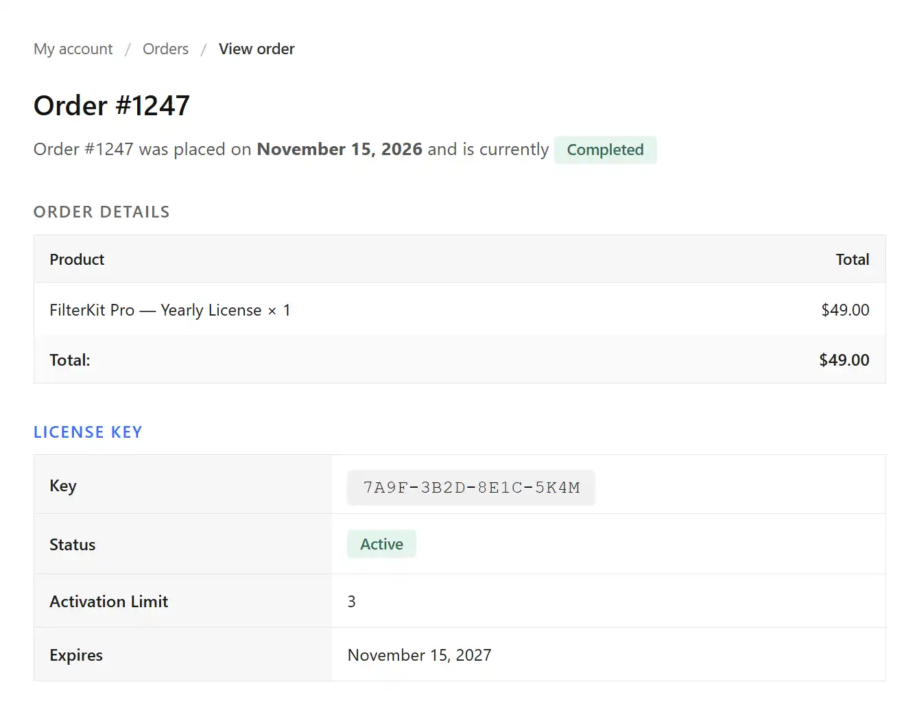 Customer view of a Lemon Squeezy license key on the WooCommerce My Account order detail page, with key, status, activation limit, and expiry date