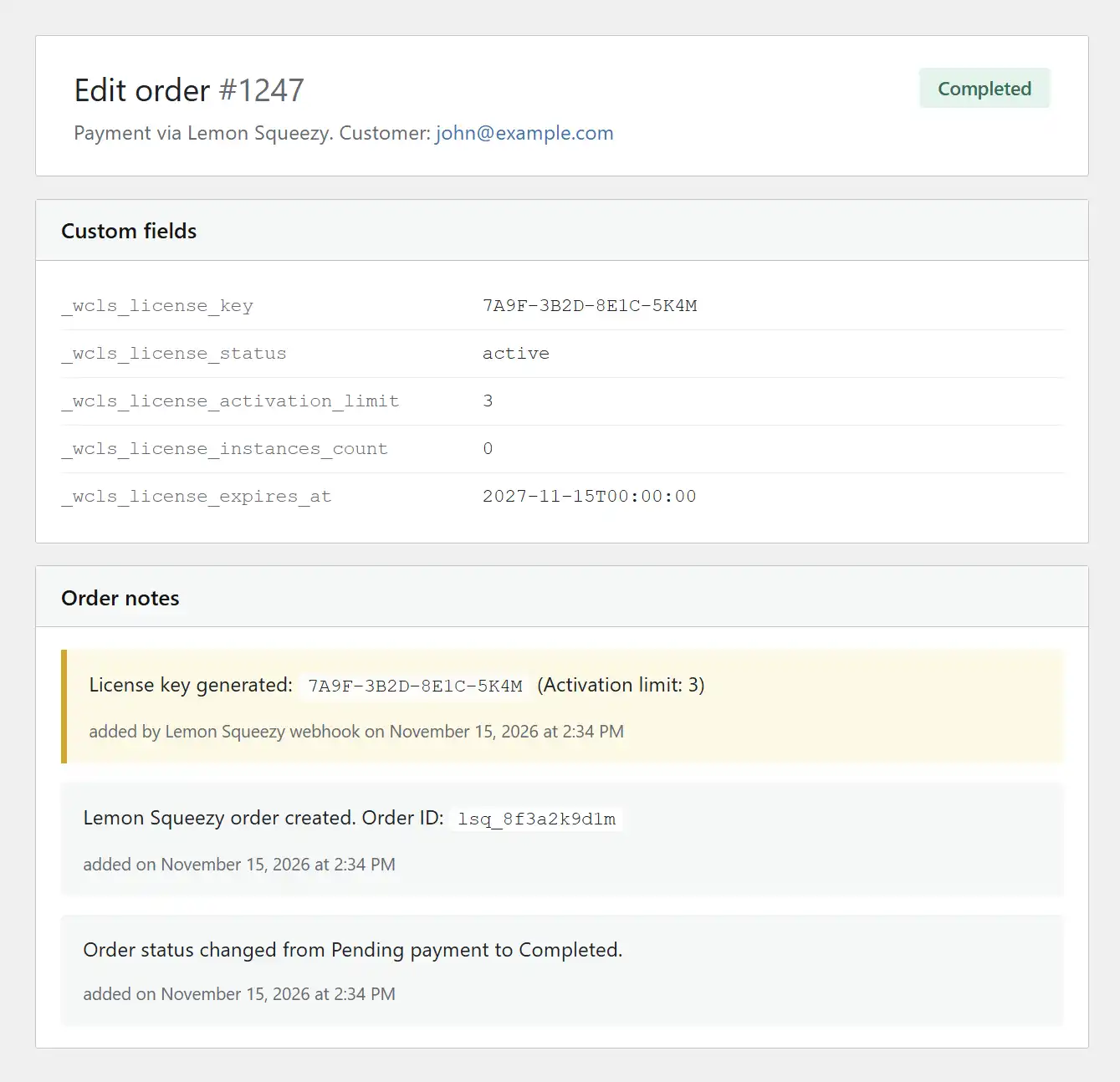 WooCommerce admin order detail page showing the captured Lemon Squeezy license key with status and activation count
