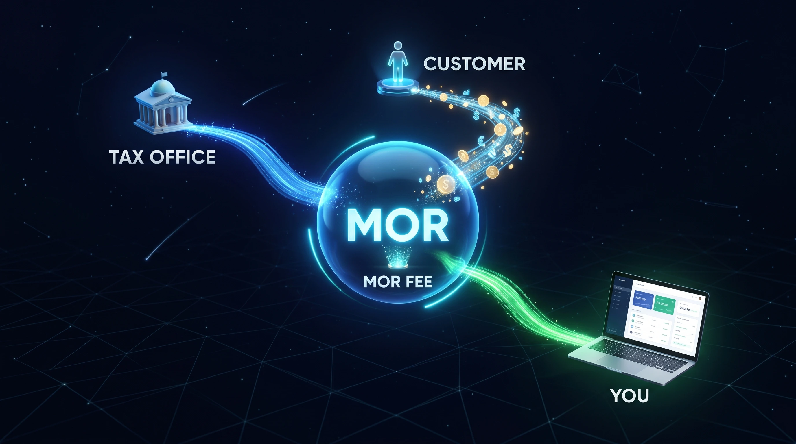 How a merchant of record handles a WordPress transaction — customer payment flows through MOR which handles tax before paying the seller