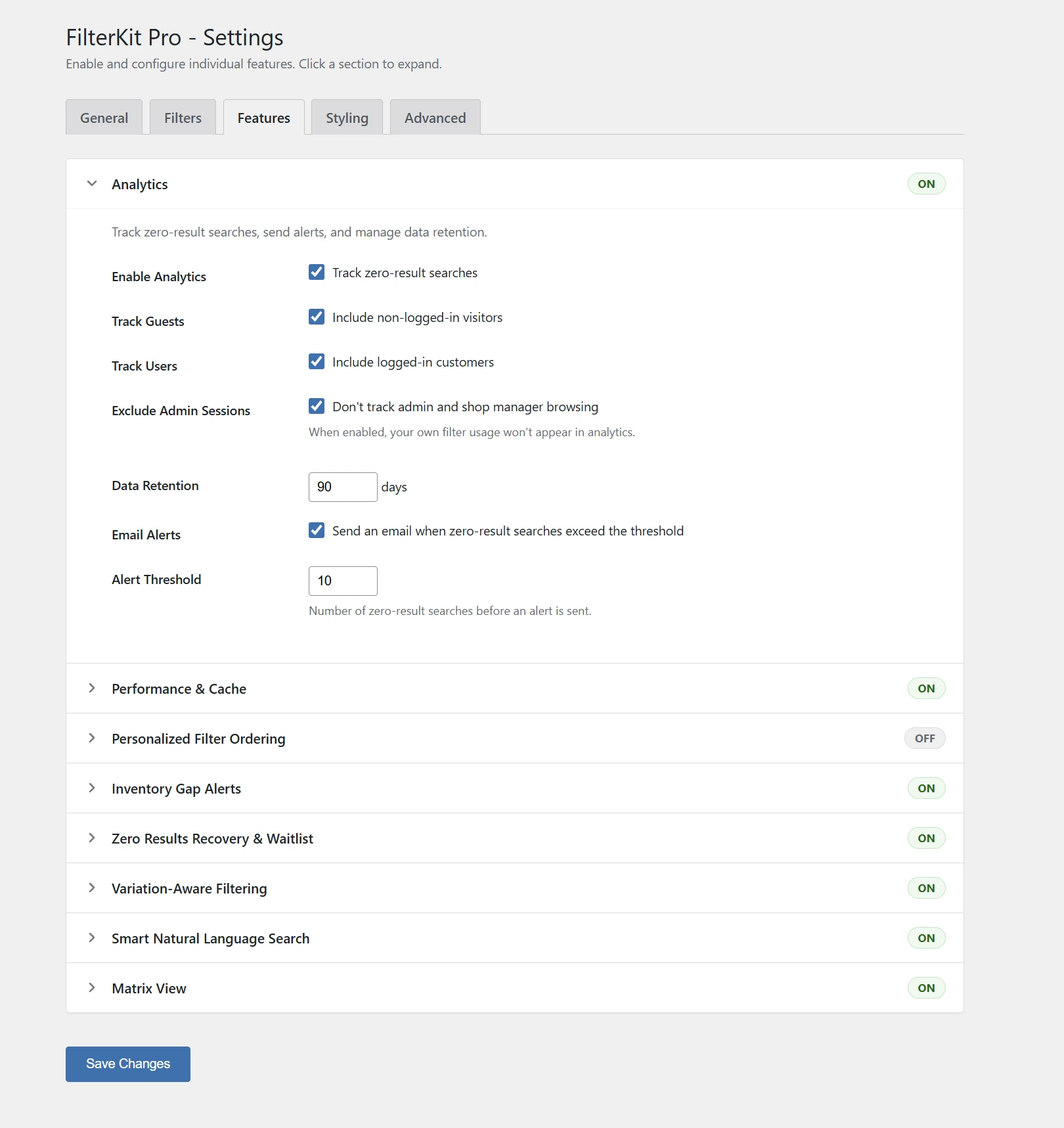 Features settings with toggles