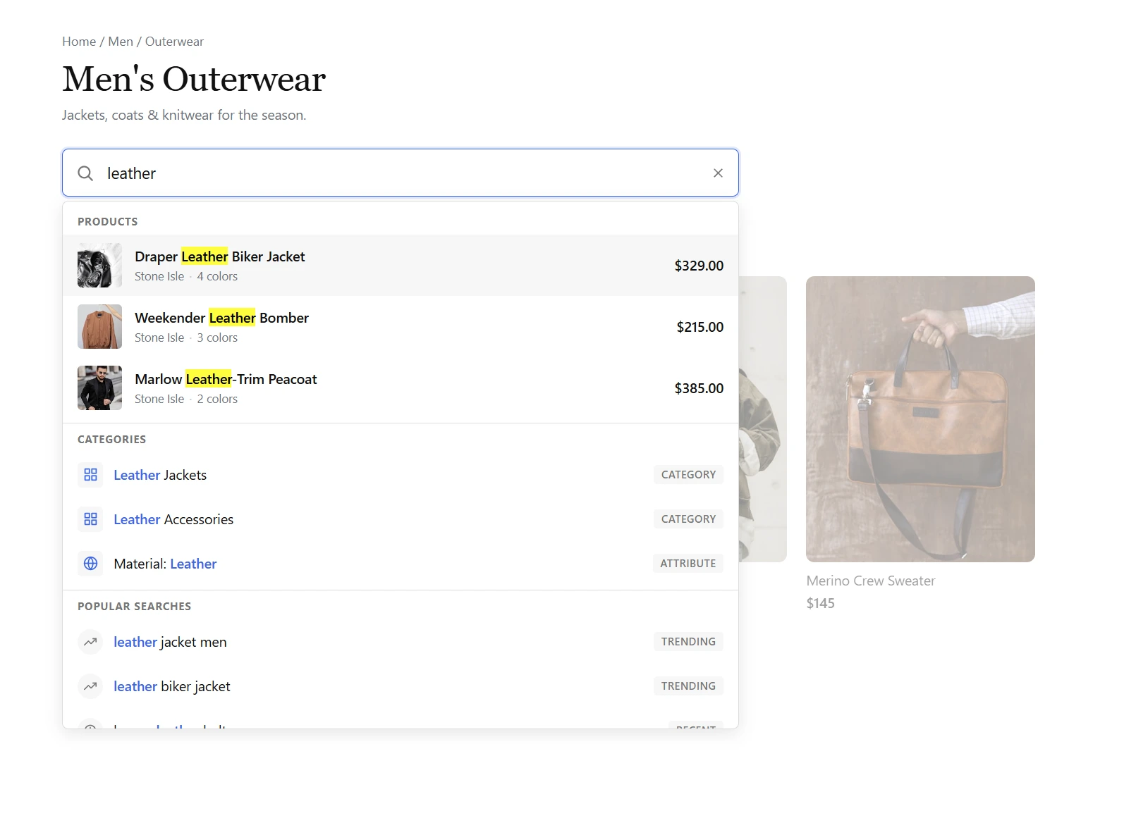 AJAX search dropdown showing matching products
