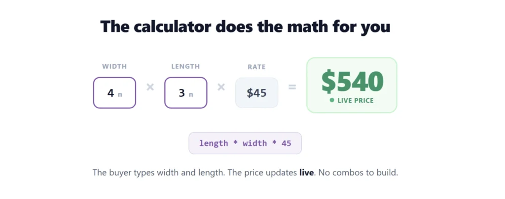 WooCommerce price calculator formula, width times length times rate giving a live price of $540