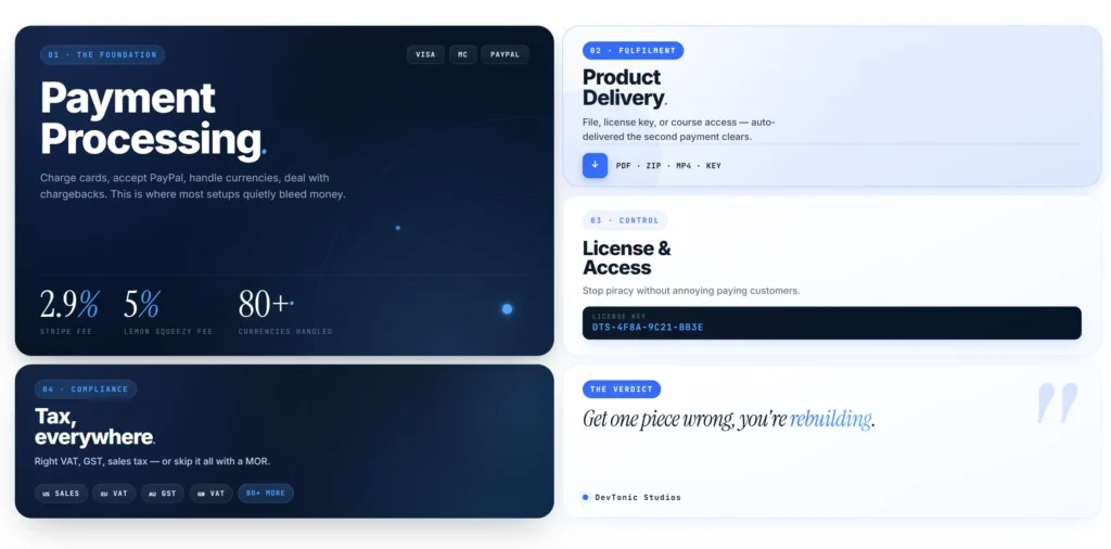 The 4 pieces every digital product business needs on WordPress: 
Payment Processing, Product Delivery, License & Access, and Tax Compliance