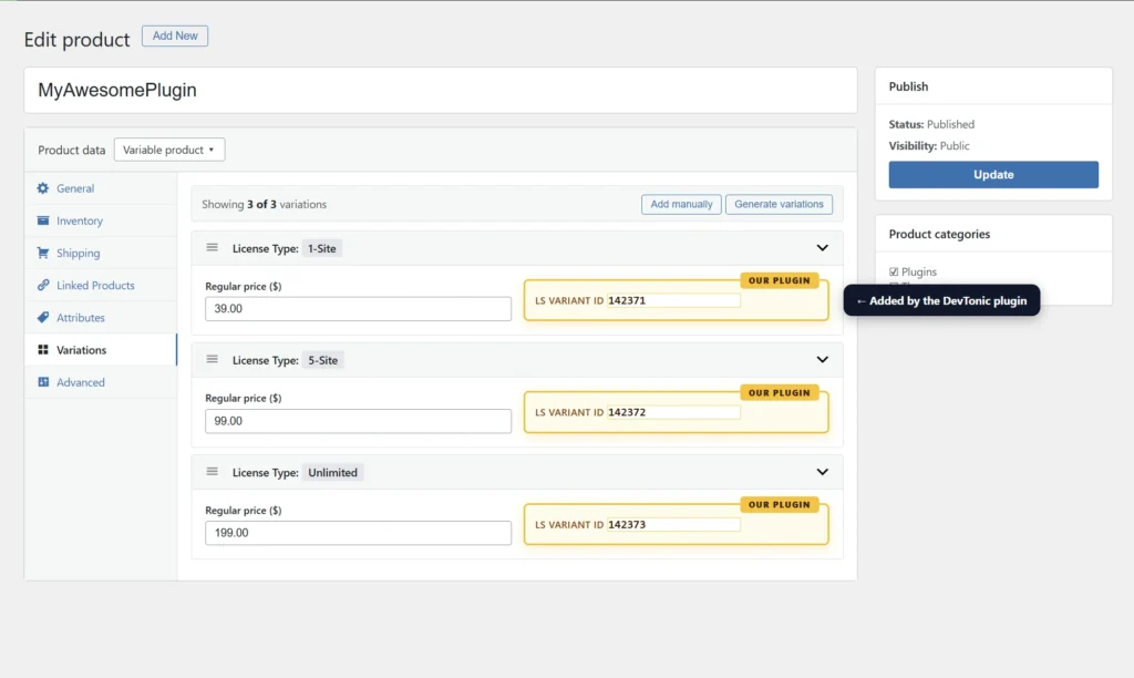 WordPress admin showing the WooCommerce variations panel for a variable product with the DevTonic plugin LS Variant ID field highlighted on each of the 3 license tier variations