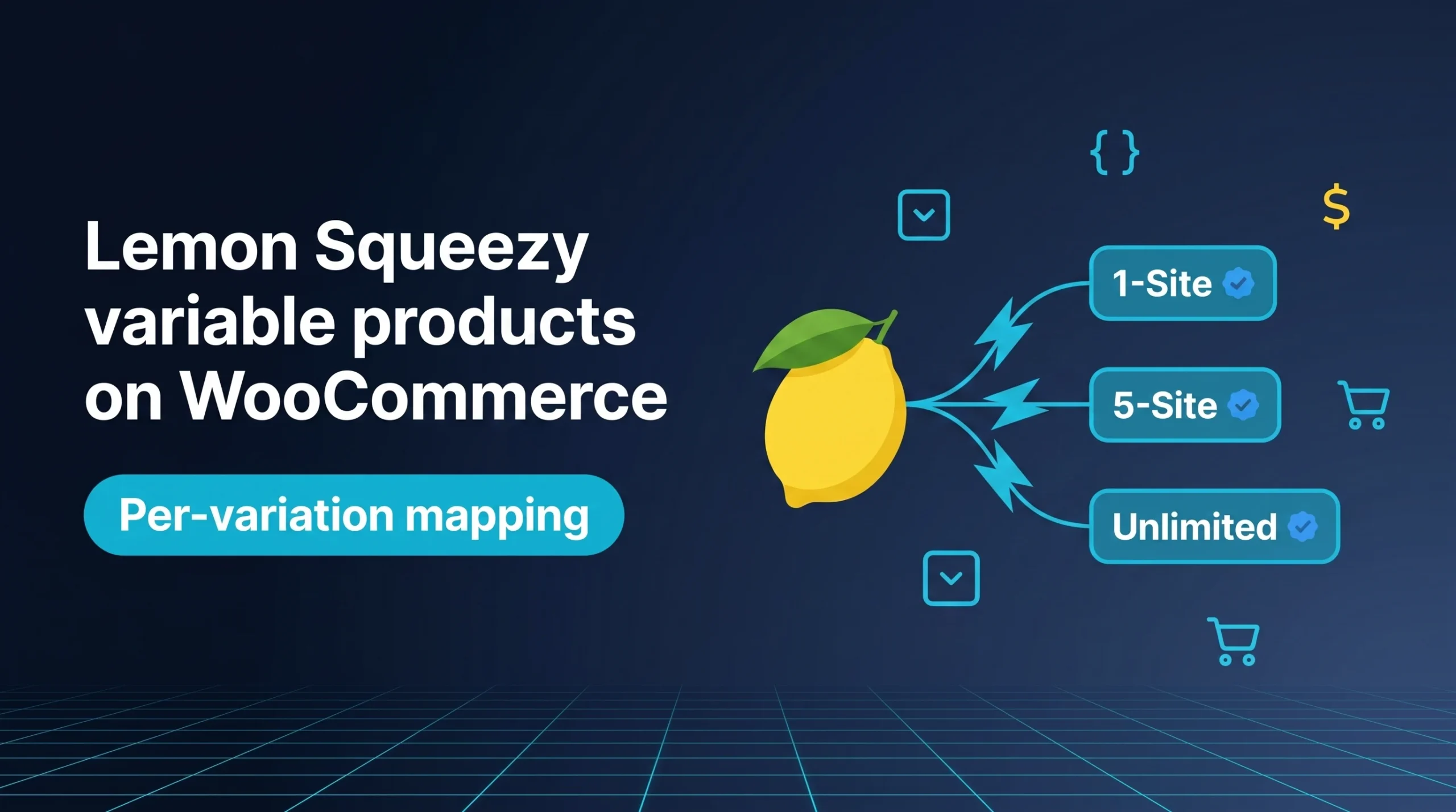Lemon Squeezy variable products mapping showing 3 tiers from one WooCommerce product page to three Lemon Squeezy variants