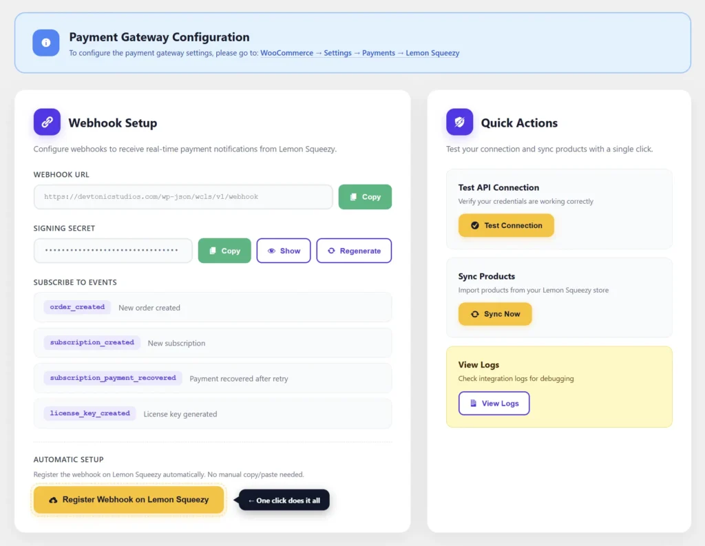 The DevTonic Lemon Squeezy plugin admin in WordPress showing the Webhook Setup card with the yellow Register Webhook on Lemon Squeezy button and the 14 events configured automatically