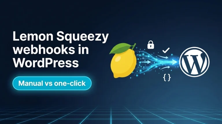 Lemon Squeezy webhook setup for WordPress showing events flowing from Lemon Squeezy to a WordPress site