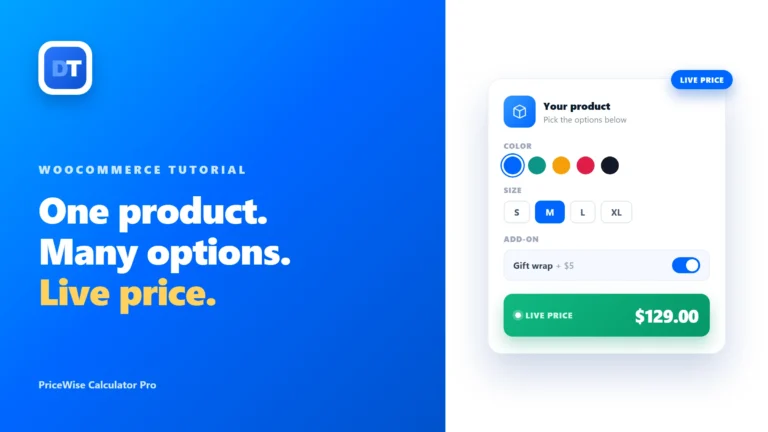 WooCommerce product options panel showing color, size and add-on choices with a live price